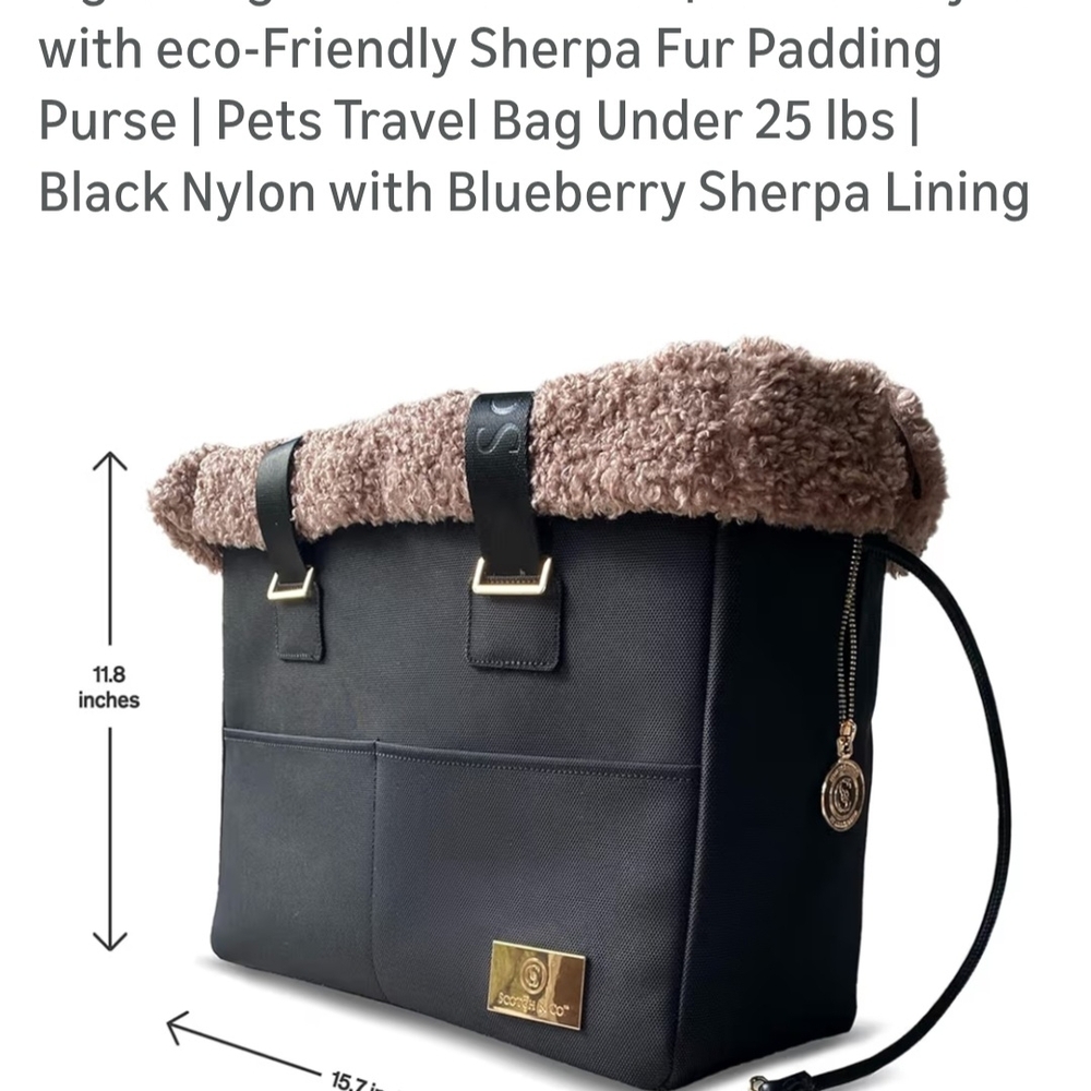 Black Nylon Pet Travel Bag with Blueberry Sherpa Lining